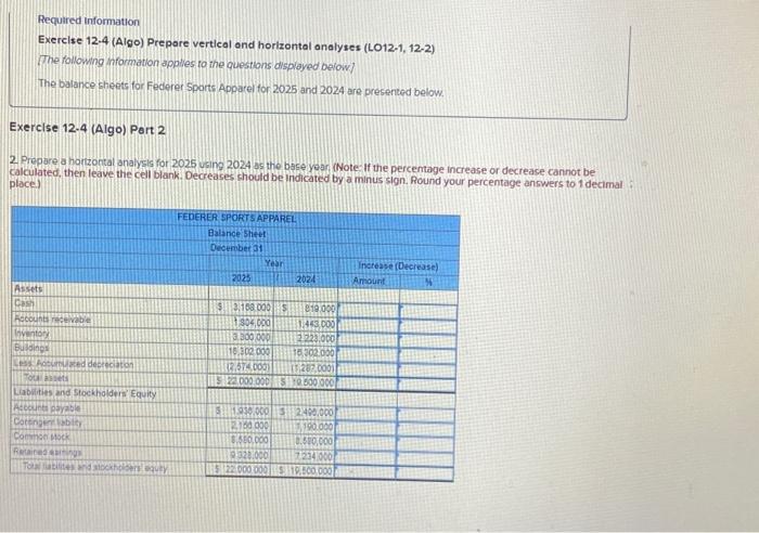  Required information Exercise 12.4 (AlgO) Prepore vertical and horizontal analyses (LO12-1,