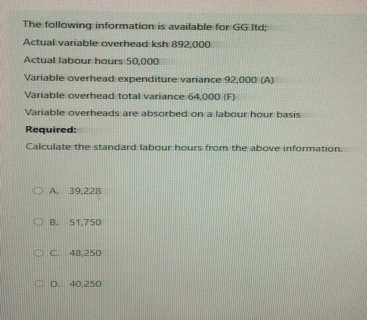  The following information is available for GG Itd; Actual variable overhead