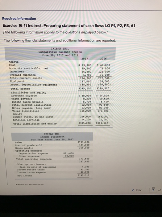  Required information Exercise 16-11 Indirect: Preparing statement of cash flows LO