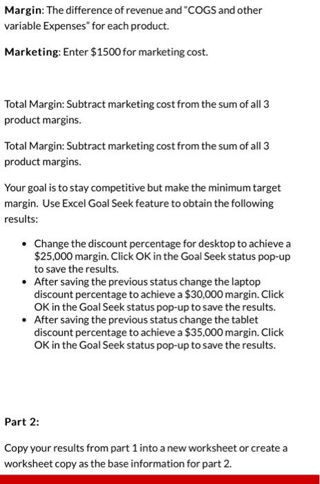 products: desktop, laptop, and tablet. Base price and "COGS and other variable