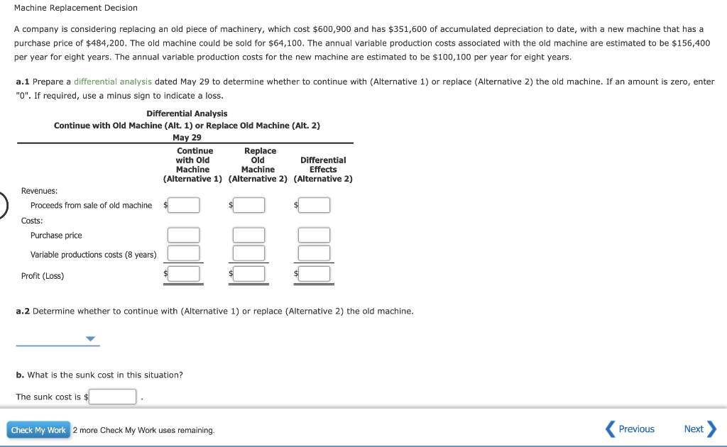 Machine Replacement Decision A company is considering replacing an old piece