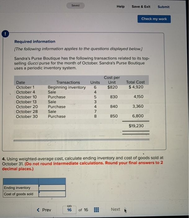  Saved Help Save & Exit Submit Check my work Required information