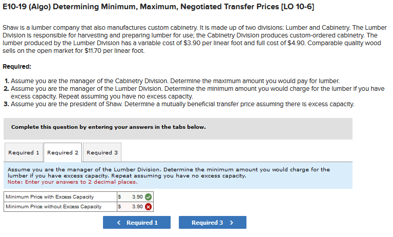  E10-19 (Algo) Determining Minimum, Maximum, Negotiated Transfer Prices [LO 10-6] Shaw