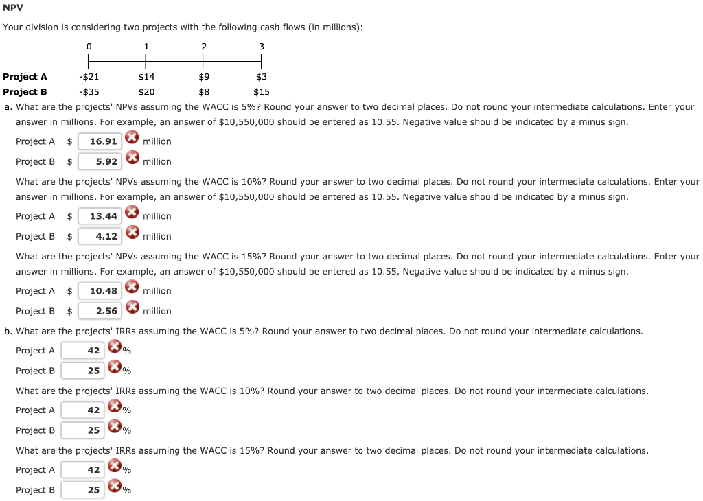  NPV Your division is considering two projects with the following cash