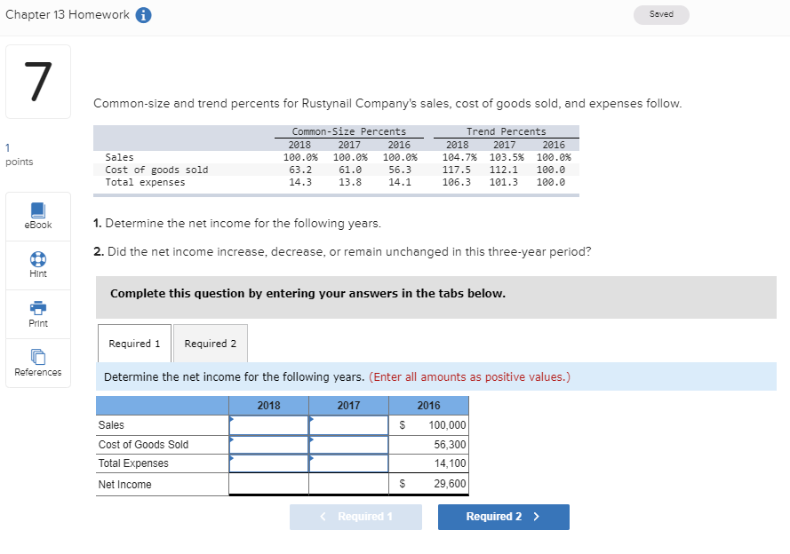 Chapter 13 Homework Saved Common-size and trend percents for Rustynail Company's