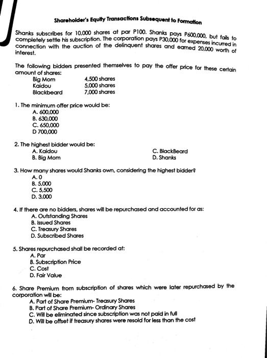  Answer with solution and explanation 00 shares at par P100. Shanks