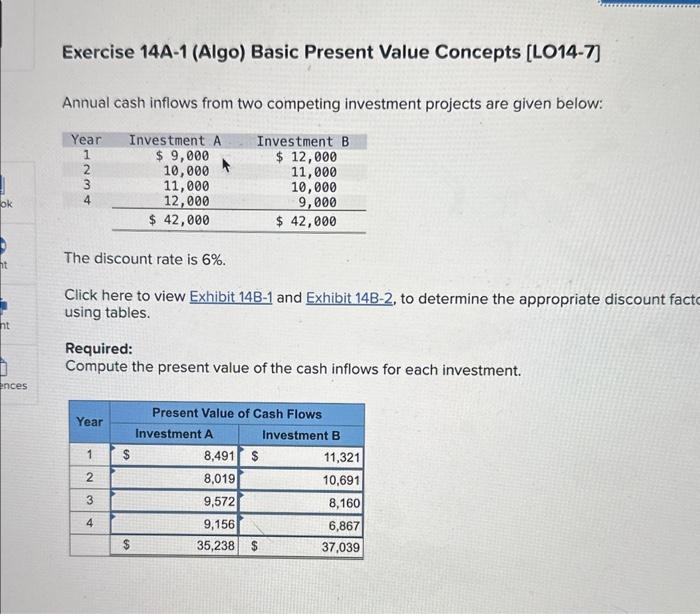  Exercise 14A-1 (Algo) Basic Present Value Concepts [LO14-7] Annual cash inflows