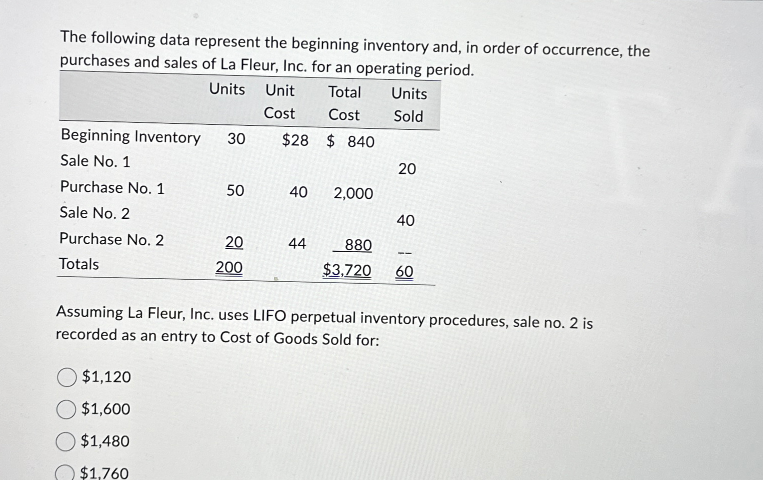 The following data represent the beginning inventory and, in order of