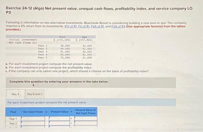 Help Please Exercise 24-12 (Algo) Net present value, unequal cash flows, profitability