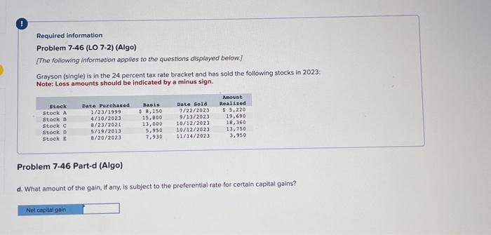 D please Required information Problem 7-46 (LO 7-2) (Algo) [The following information