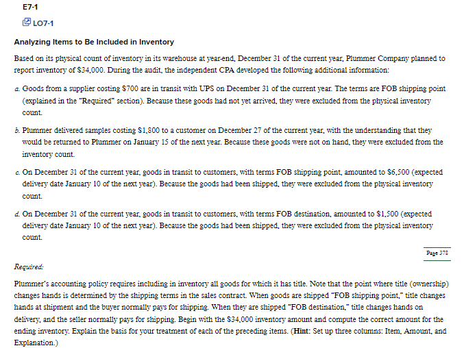 LO7-1 Analyzing Items to Be Included in Inventory Based on its