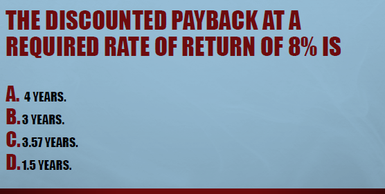 PLEASE SHOW WORK NEEDED INFO MISC INFO THE DISCOUNTED PAYBACK AT A