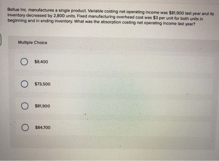  Bellue Inc. manufactures a single product Variable costing net operating income