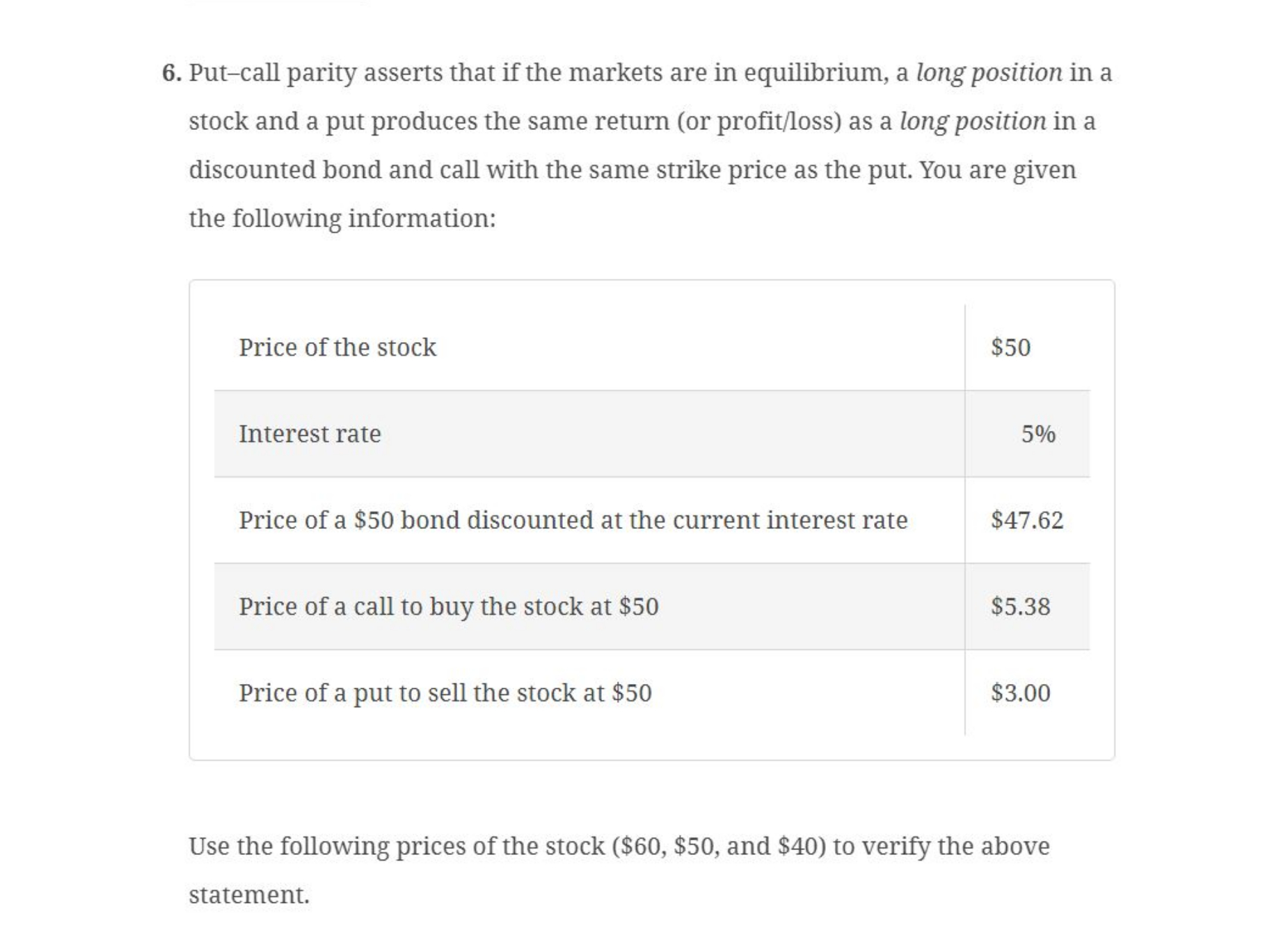  Put-call parity asserts that if the markets are in equilibrium, a
