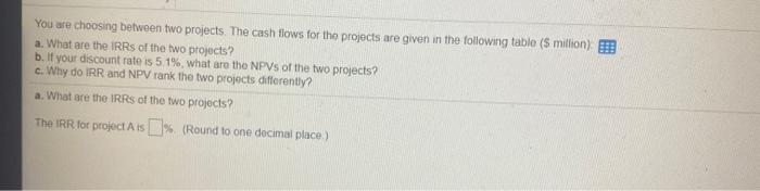  You are choosing between two projects. The cash flows for the