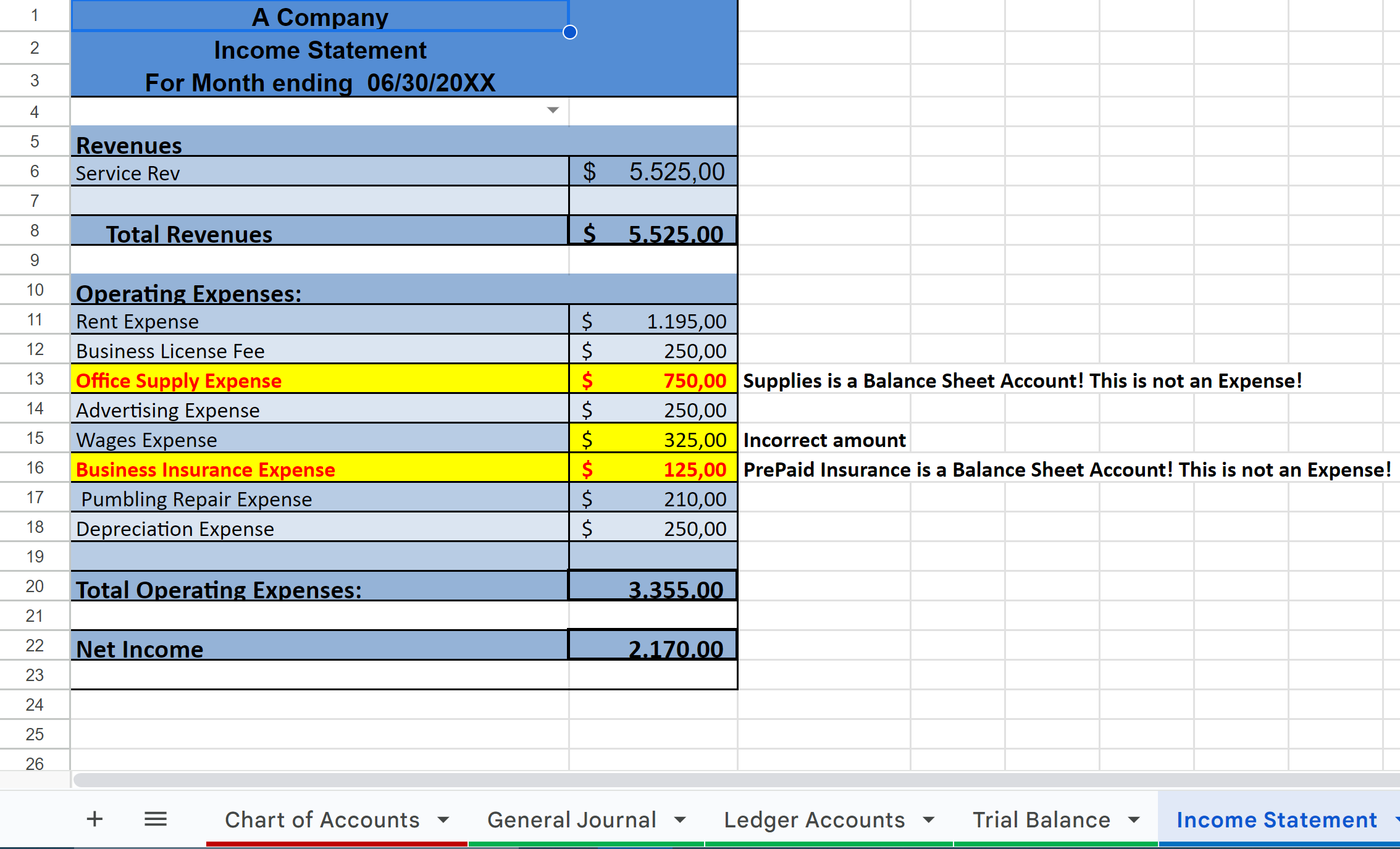 the margins The following events occurred in June: - June 1: Owner