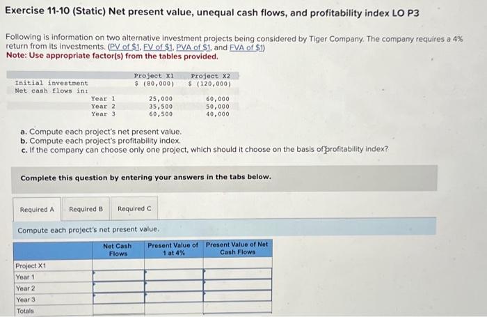  Exercise 11-10 (Static) Net present value, unequal cash flows, and profitability