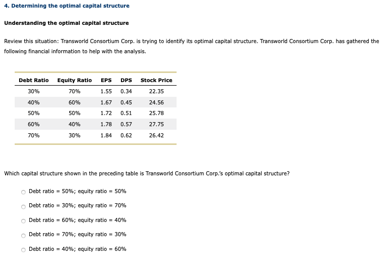 4. Determining the optimal capital structure Understanding the optimal capital structure
