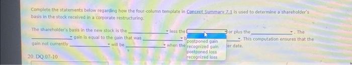 four-column template in conced. Summarv. 7.1 is used to determine a shareholder's