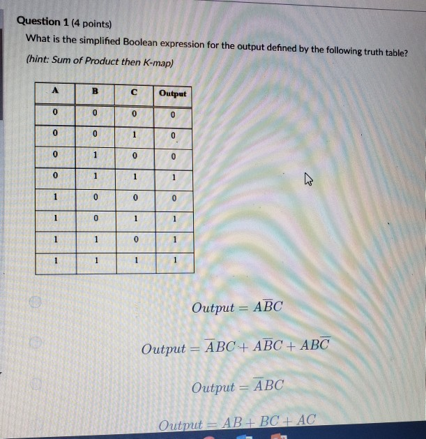  Question 1 (4 points) What is the simplified Boolean expression for