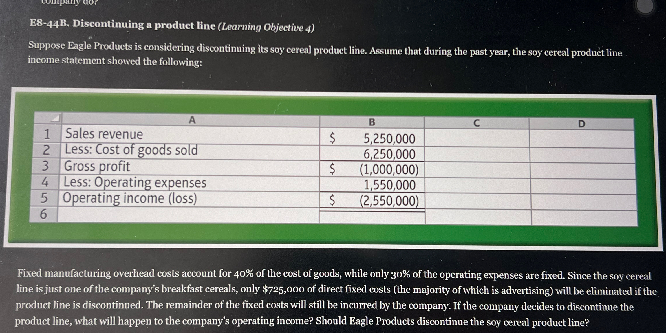  E8-44B. Discontinuing a product line (Learning Objective 4) Suppose Eagle Products