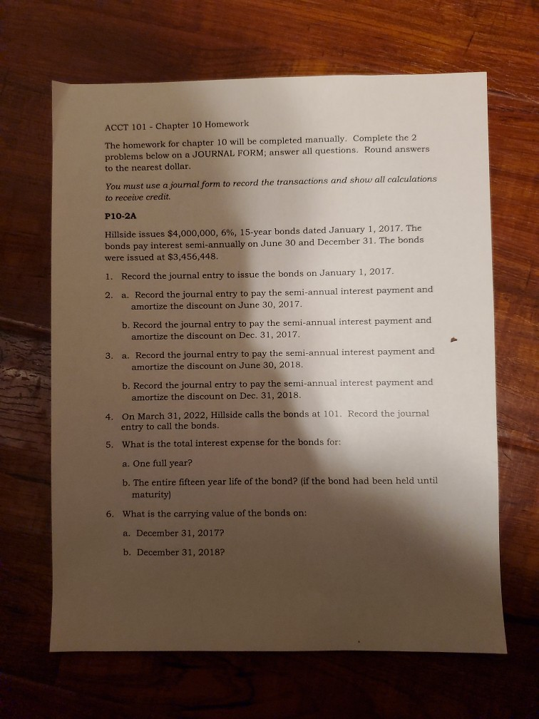  ACCT 101 - Chapter 10 Homework The homework for chapter 10