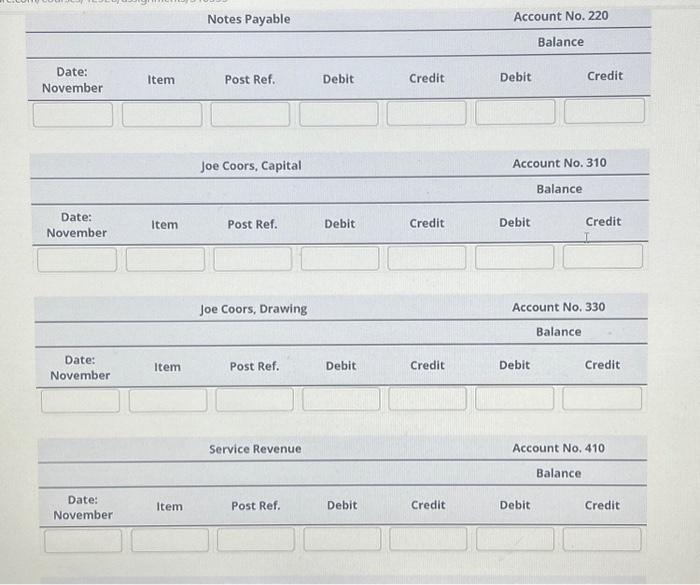 & & \multicolumn{2}{|c|}{ Balance } \\ \hline Date:November & Item & Post