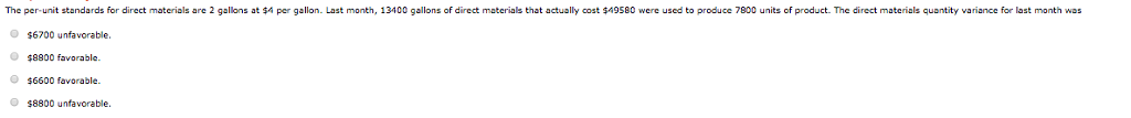  The per-unit standards for direct materials are 2 gallons at $