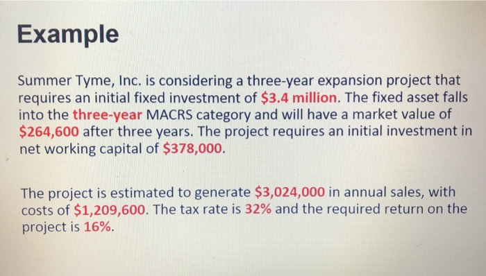  Example Summer Tyme, Inc. is considering a three-year expansion project that
