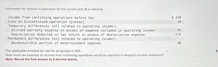  Information for Hobson Corporation for the current year ( $ in