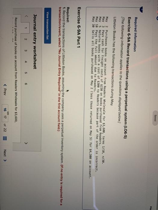  Saved He Required information Exercise 6-9A Record transactions using a perpetual
