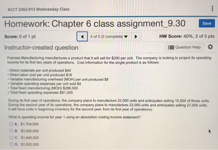  ACCT 2362-013 Wednesday Class . - Homework: Chapter 6 class assignment_9.30