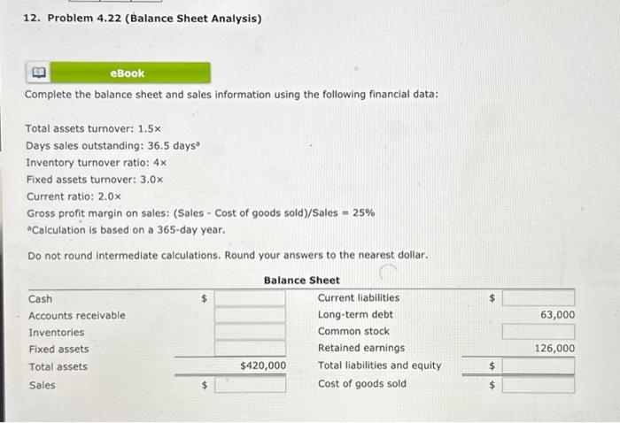  12. Problem 4.22 (Balance Sheet Analysis) Complete the balance sheet and