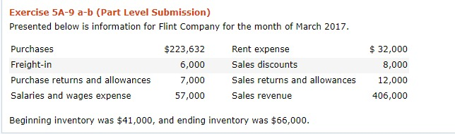 Income statement Exercise 5A-9 a-b (Part Level Submission) Presented below is information