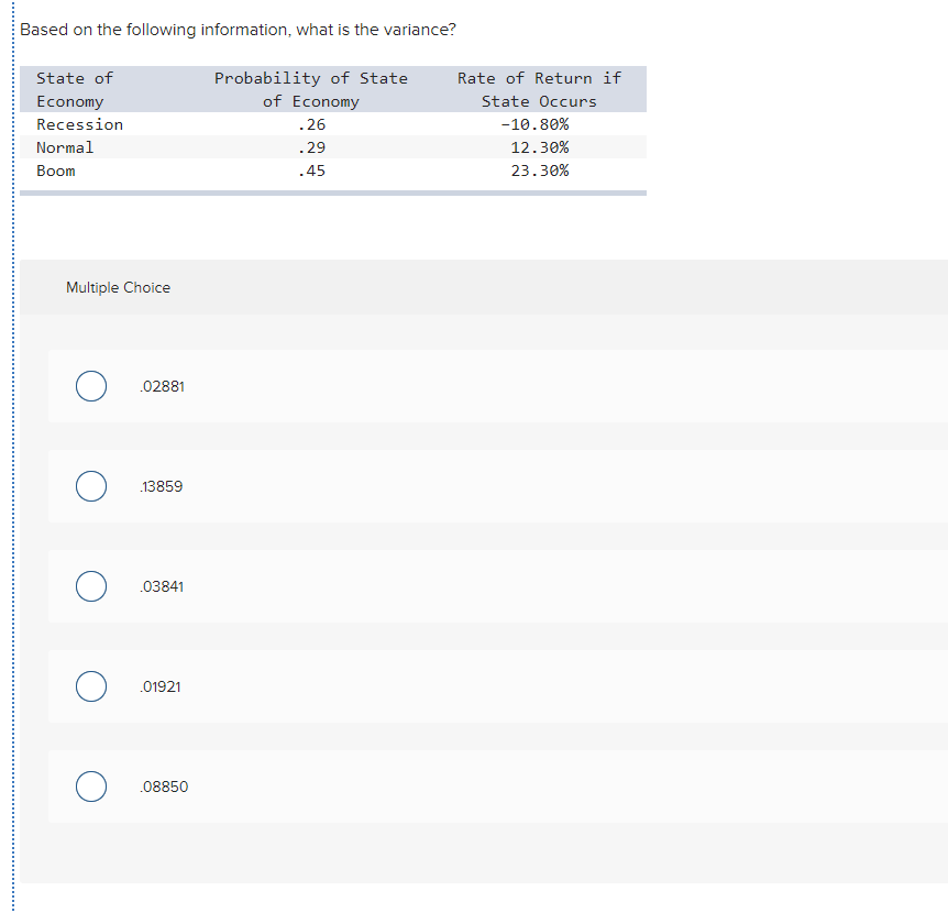 Based on the following information, what is the variance? State of