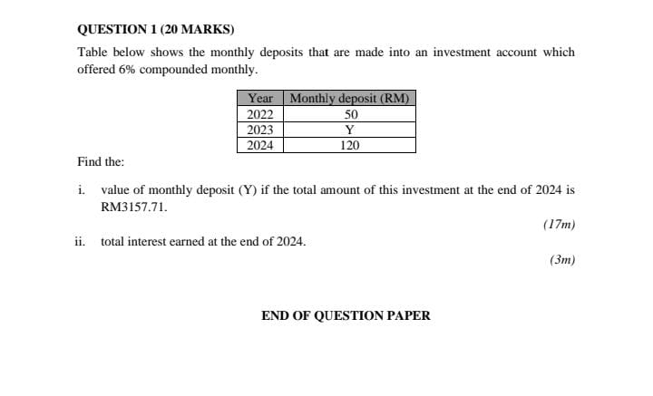  QUESTION 1(20 MARKS) Table below shows the monthly deposits that are