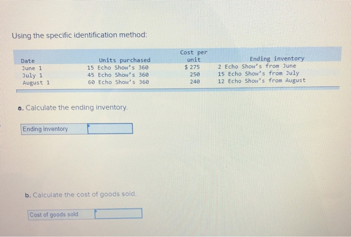  Using the specific identification method: Date June 1 July 1 August