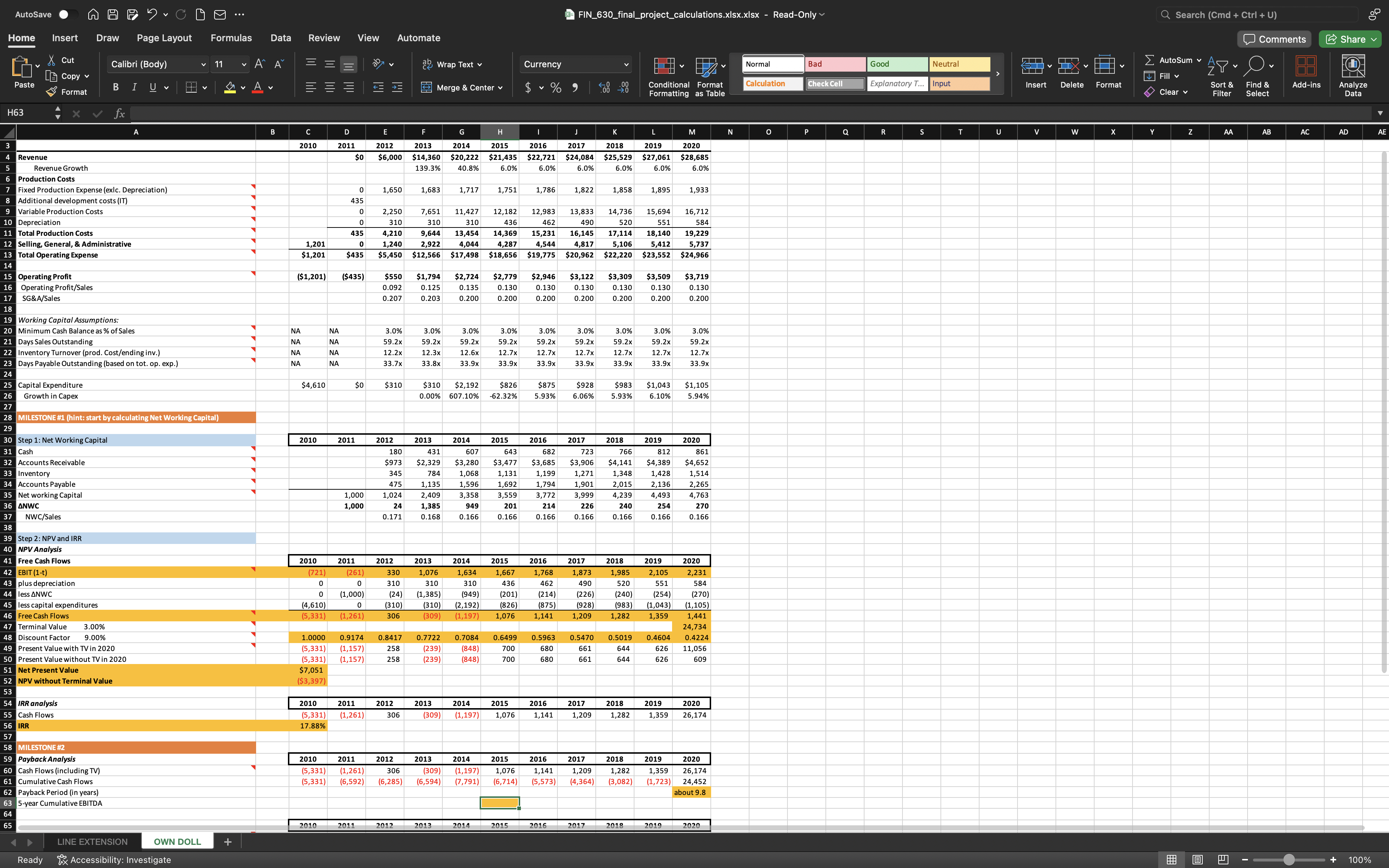  Please help find the 5-year cumulative EBITDA in cell H63 in