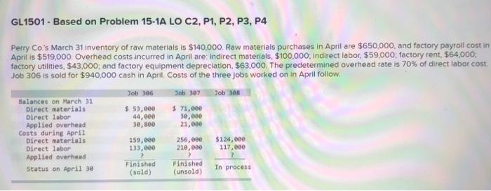  GL1501 - Based on Problem 15-1A LO C2, P1, P2, P3,