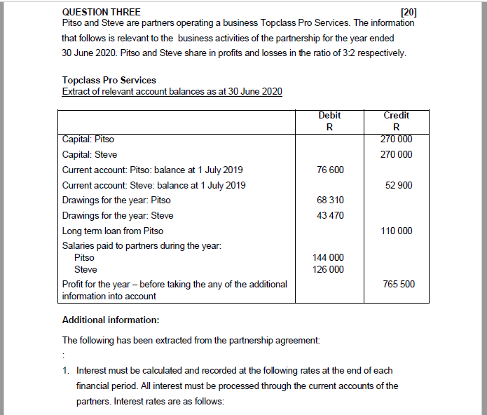  QUESTION THREE [20] Pitso and Steve are partners operating a business