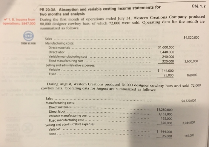  Obj. 1,2 PR 20-3A Absorption and variable costing income statements for