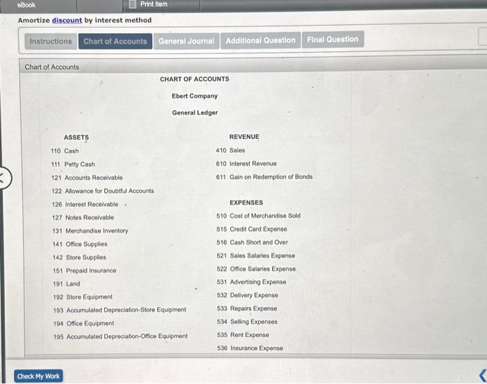 Joumal Additional Question Final Question Chart of Accounts CHART OF ACCOUNTS Ebert
