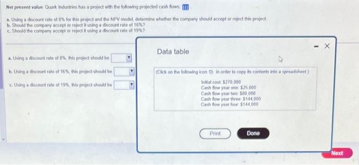  Net present value Quark Industries has a projed with the following