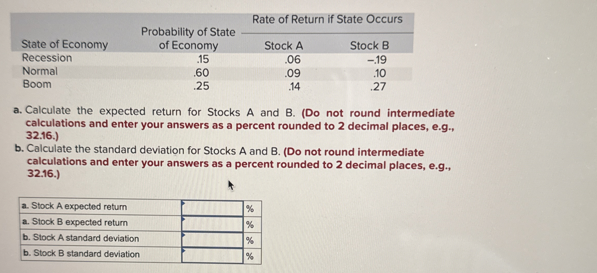  \table[[,,Rate of Return if State Occurs],[State of Economy,\table[[Probability of State],[of Economy]],Stock