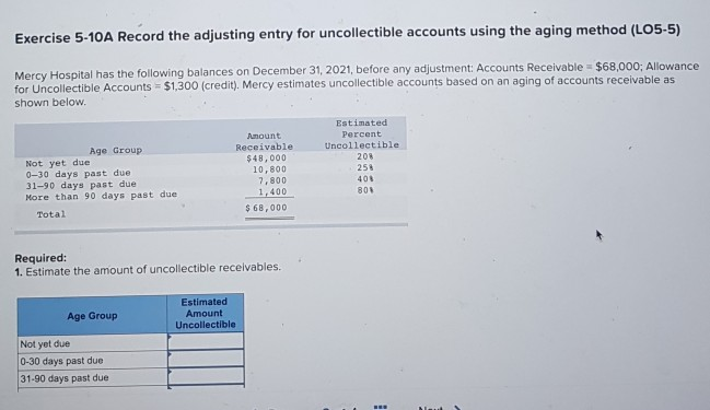  Exercise 5-10A Record the adjusting entry for uncollectible accounts using the