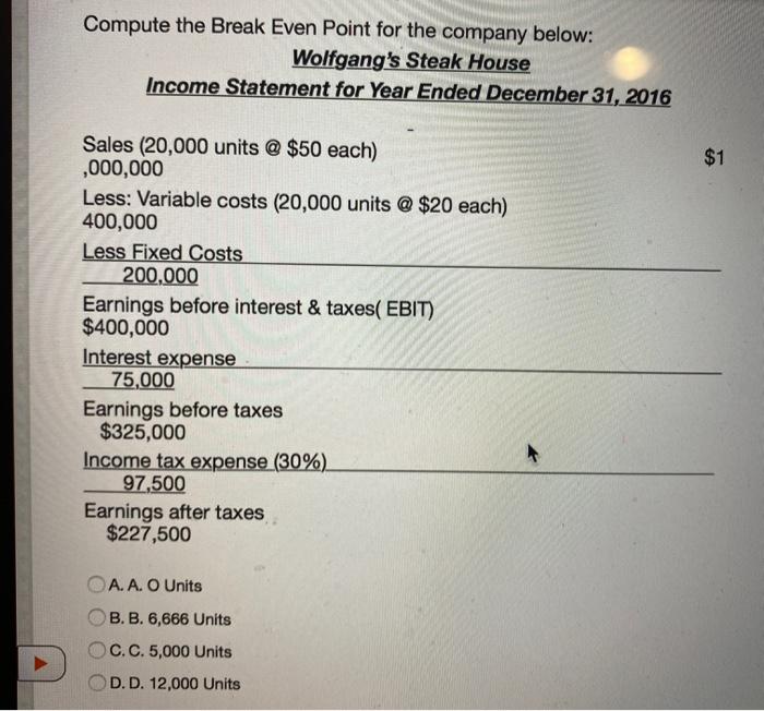 Compute the Break Even Point for the company below: Wolfgang's Steak