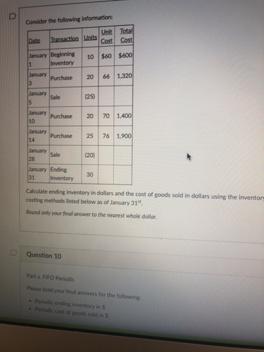  just c please Consider the following information: Unit Transaction Units Cost