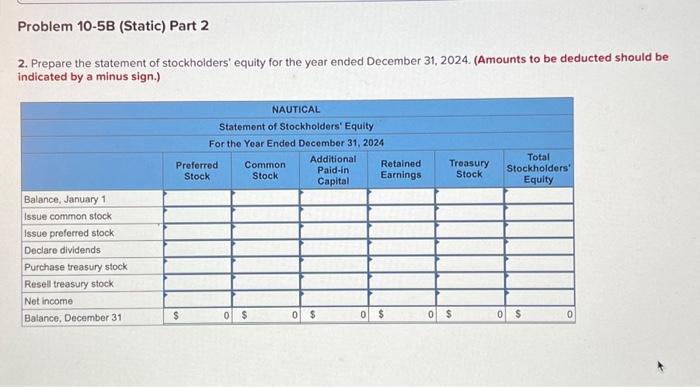 of stockholders' equity (LO10. 7) [The following information applies to the questions