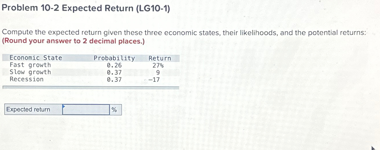  Problem 10-2 Expected Return (LG10-1) Compute the expected return given these