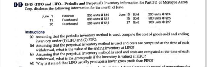  DB E8-13 (FIFO and LIFOPeriodic and Perpetual) Inventory information for Part